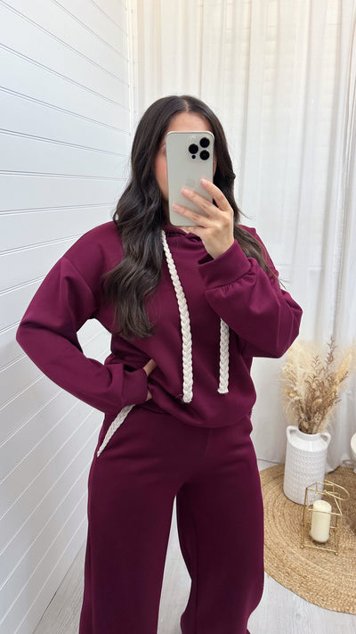 Rope Lace Hoodie and Wide Leg Joggers Co-Ord - WINE