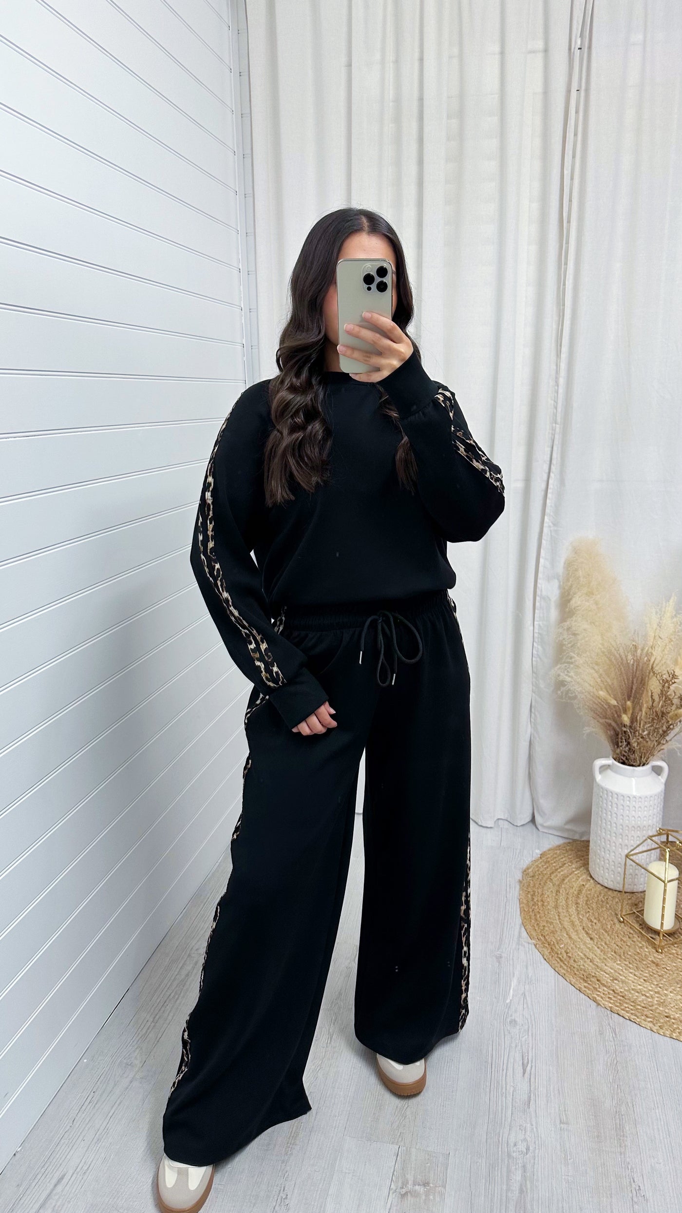 Leopard Trim Sweatshirt and Joggers Co-Ord - BLACK