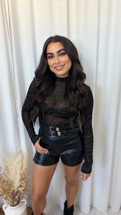 Swirly Rhinestone Mesh Long Sleeve Bodysuit - BLACK