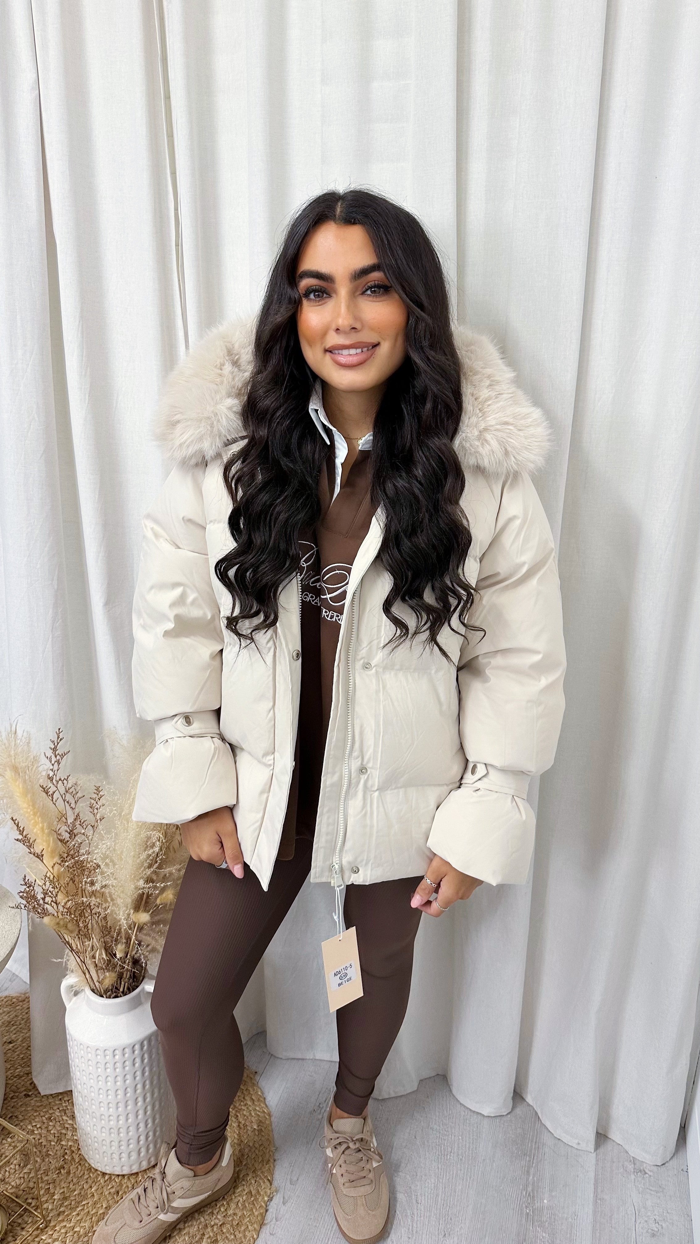 Faux Fur Hooded Puffer Coat - BEIGE