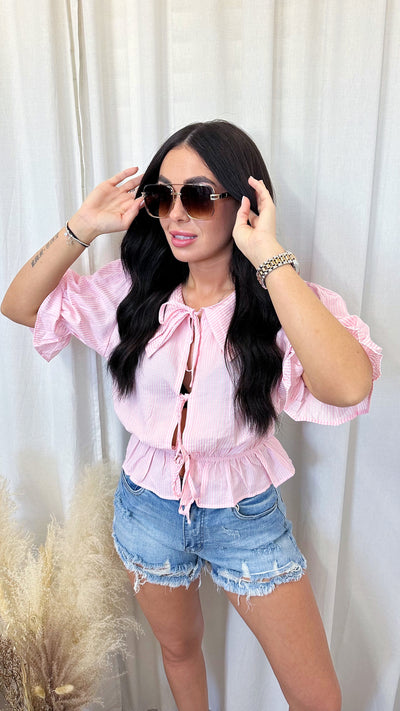 Pinstripe Peplum Bow Tie Crop Top - PINK