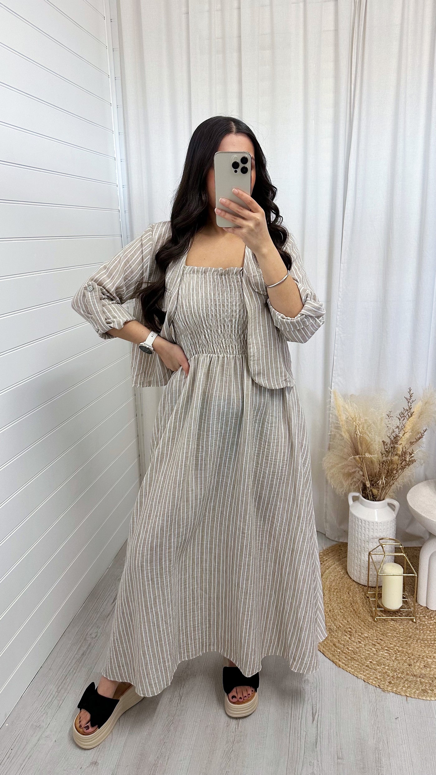 Pinstripe Linen Jacket and Dress Set - BEIGE