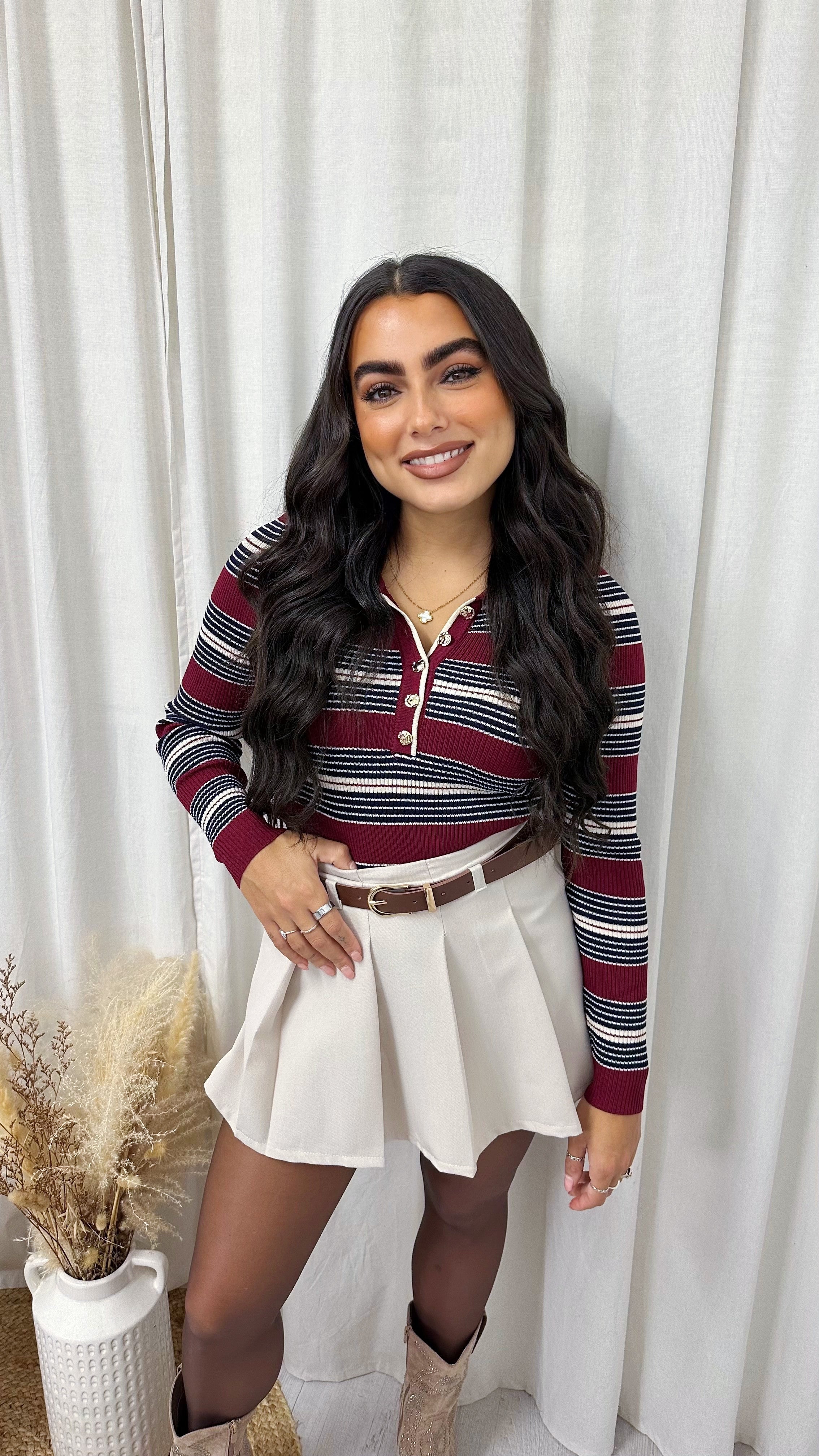 Pleated Tennis Skort with Belt - CREAM