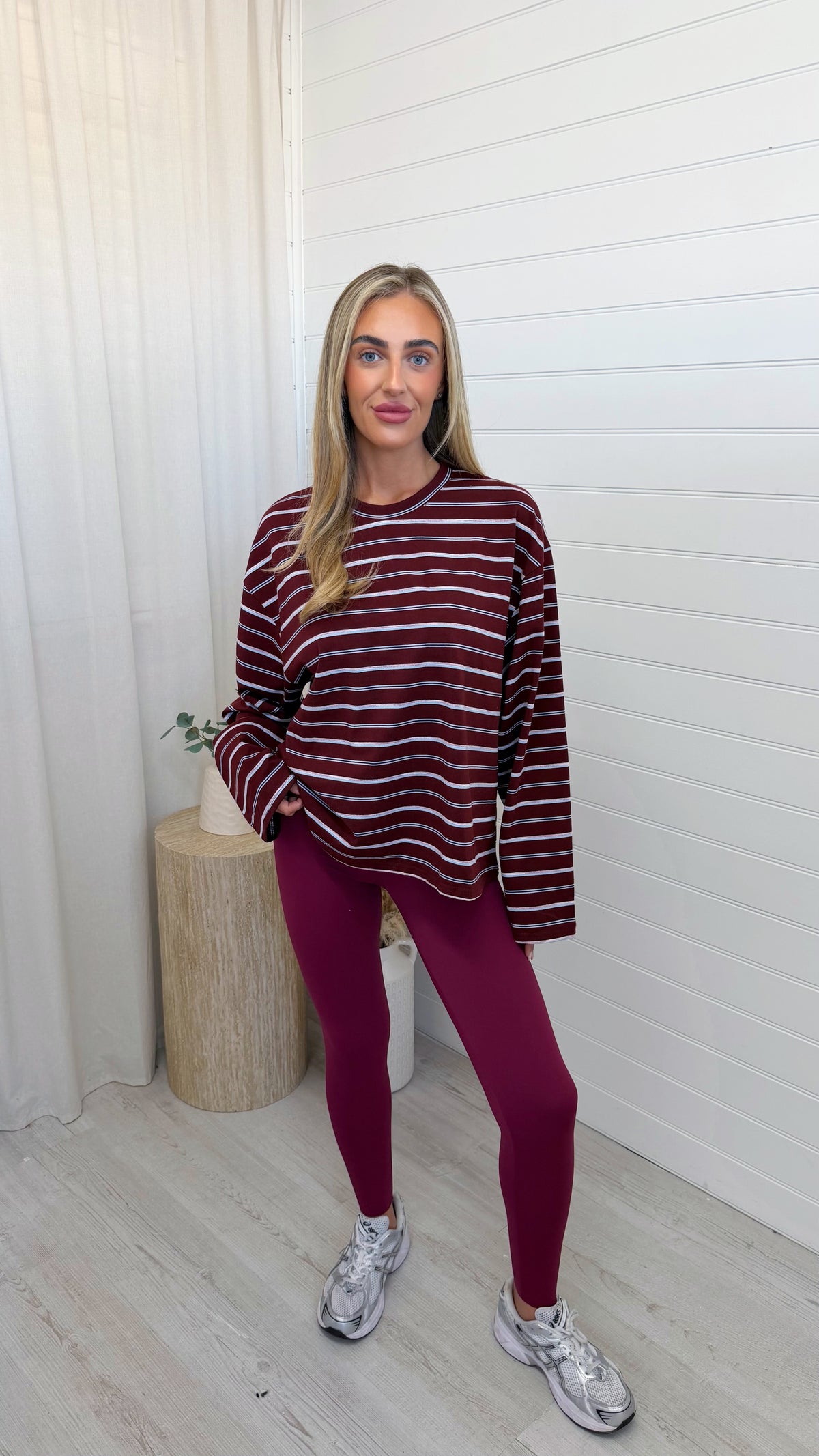 Relaxed Long Sleeve Stripe T-Shirt - BURGUNDY/PINK