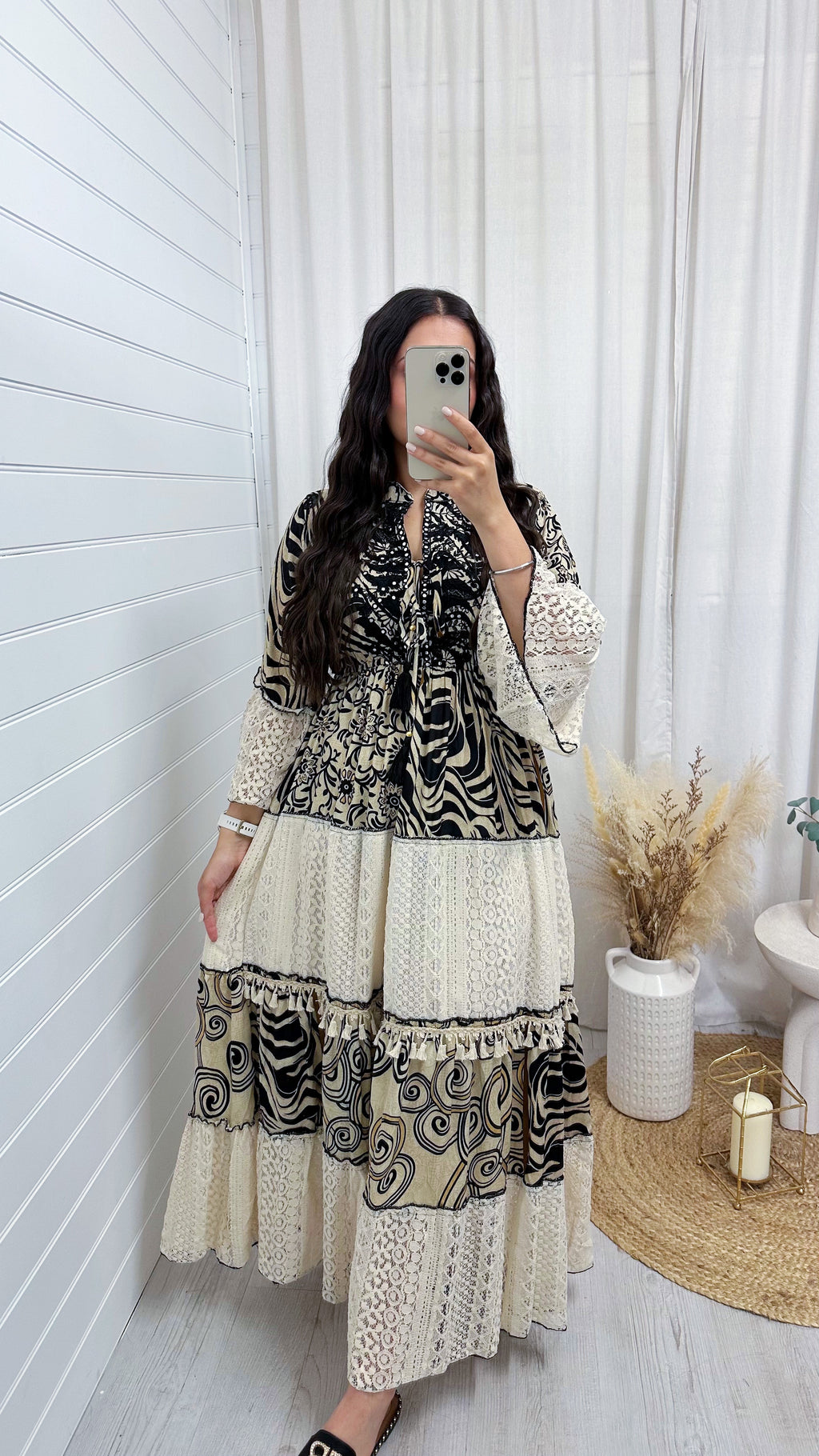 Lace Panel Damask Print Maxi Dress - BLACK