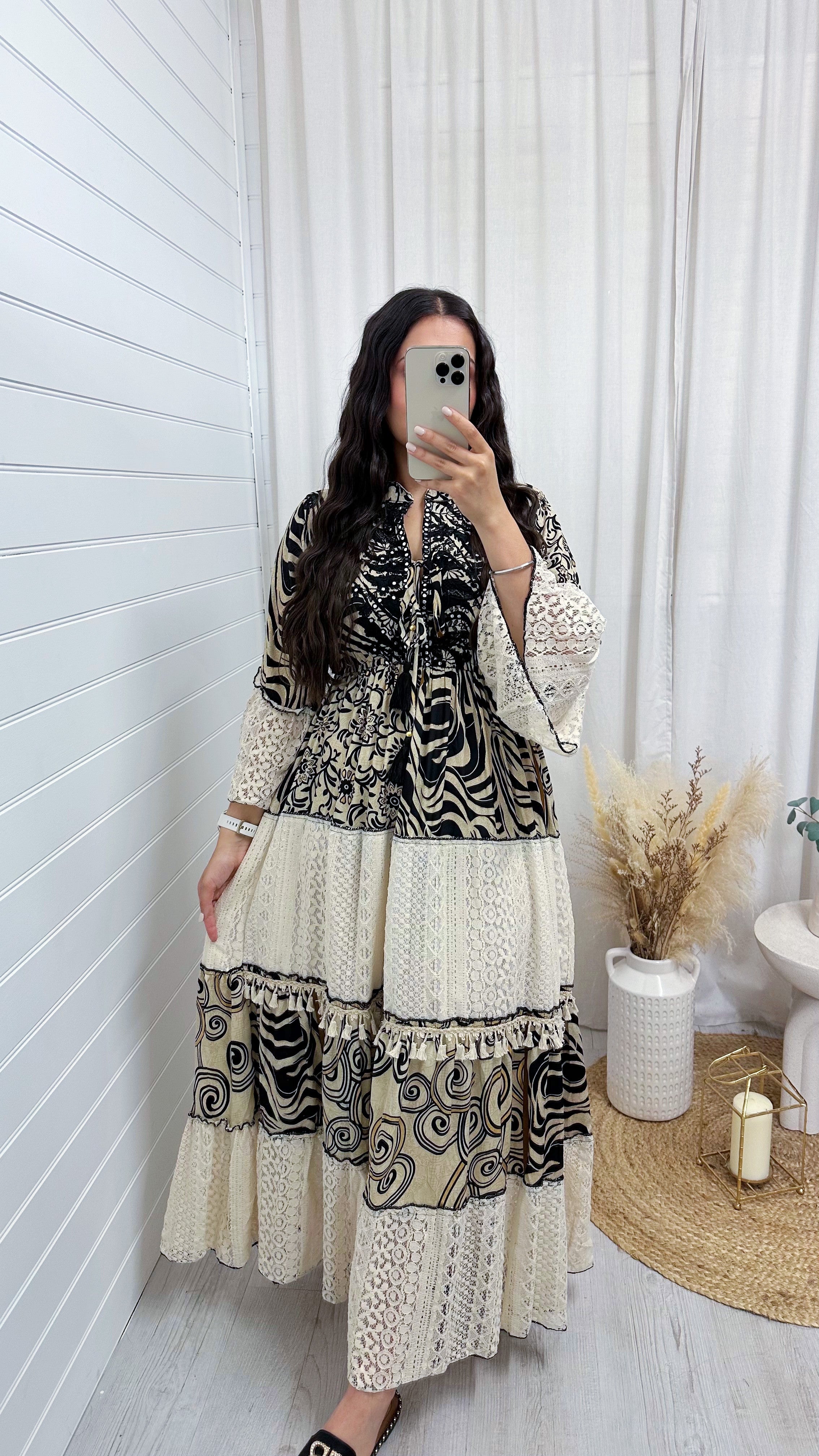 Lace Panel Damask Print Maxi Dress - BLACK