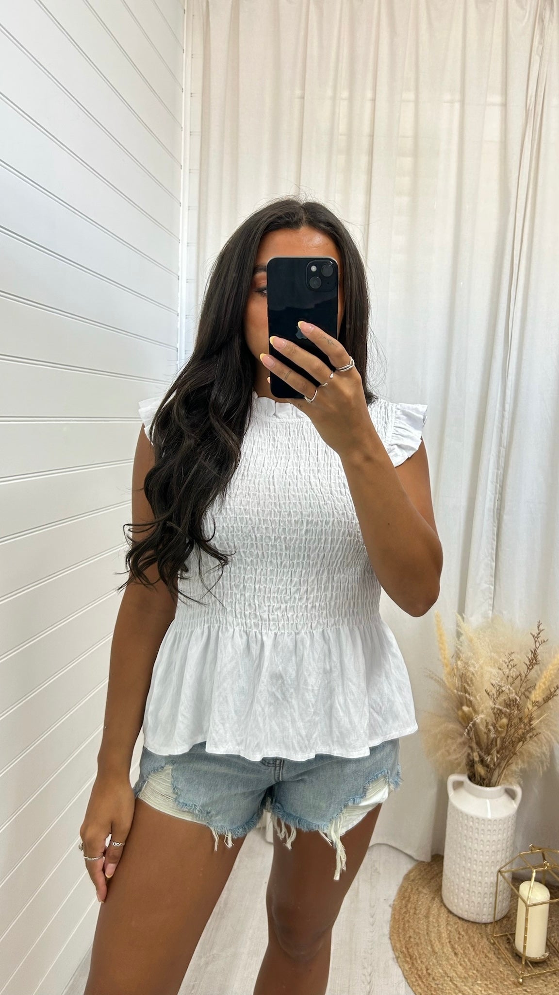 Shirred Peplum Vest Top - WHITE