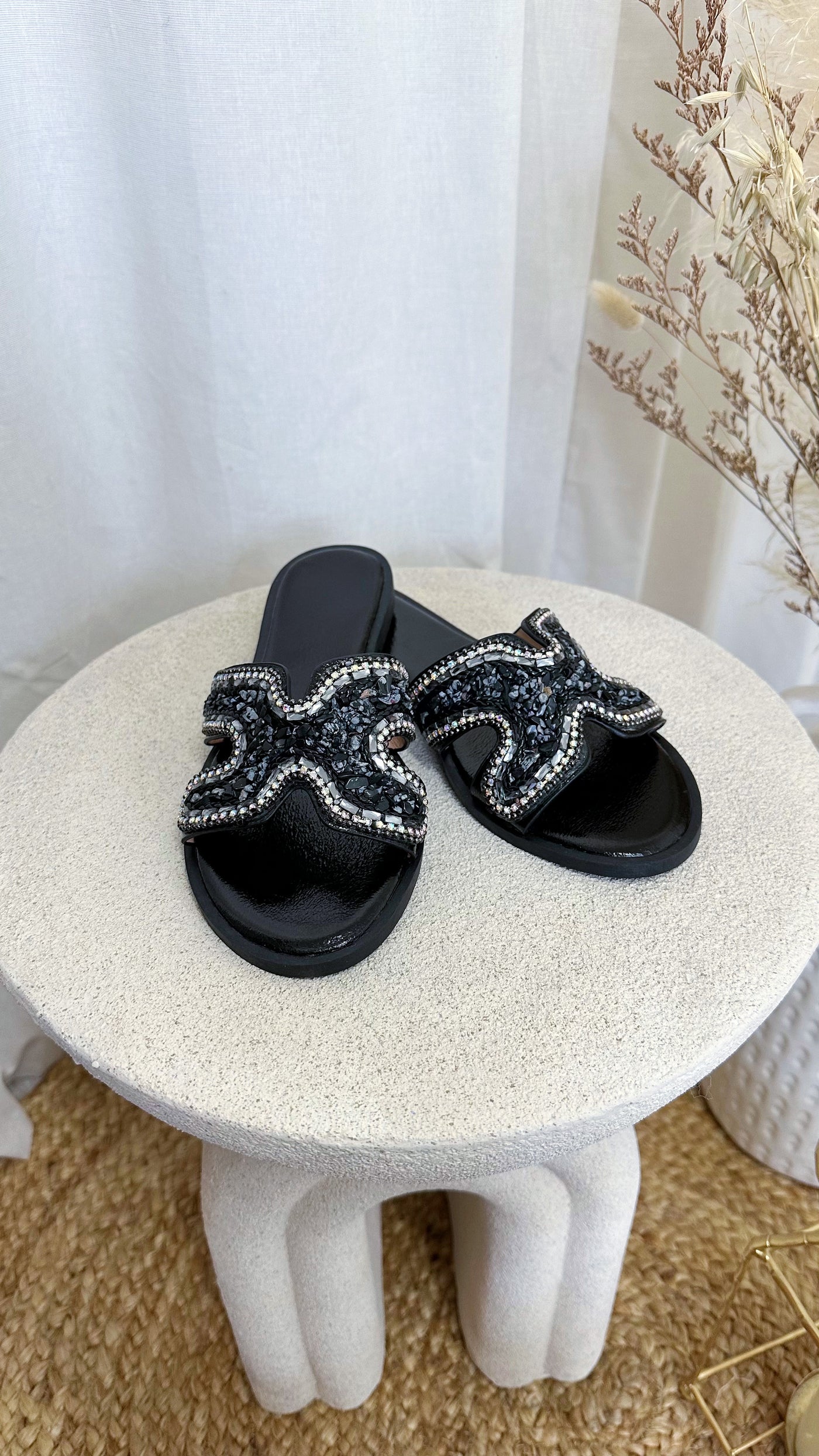 Crystal Diamante Sandals - BLACK