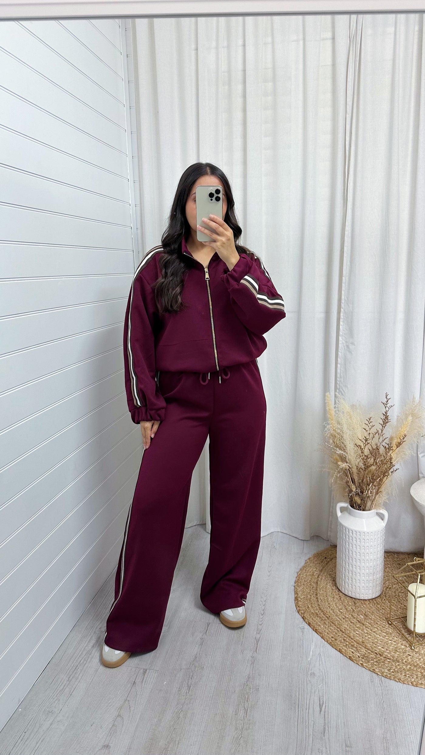 Side Stripe Bomber Jacket and Wide Leg Joggers Co-Ord - WINE