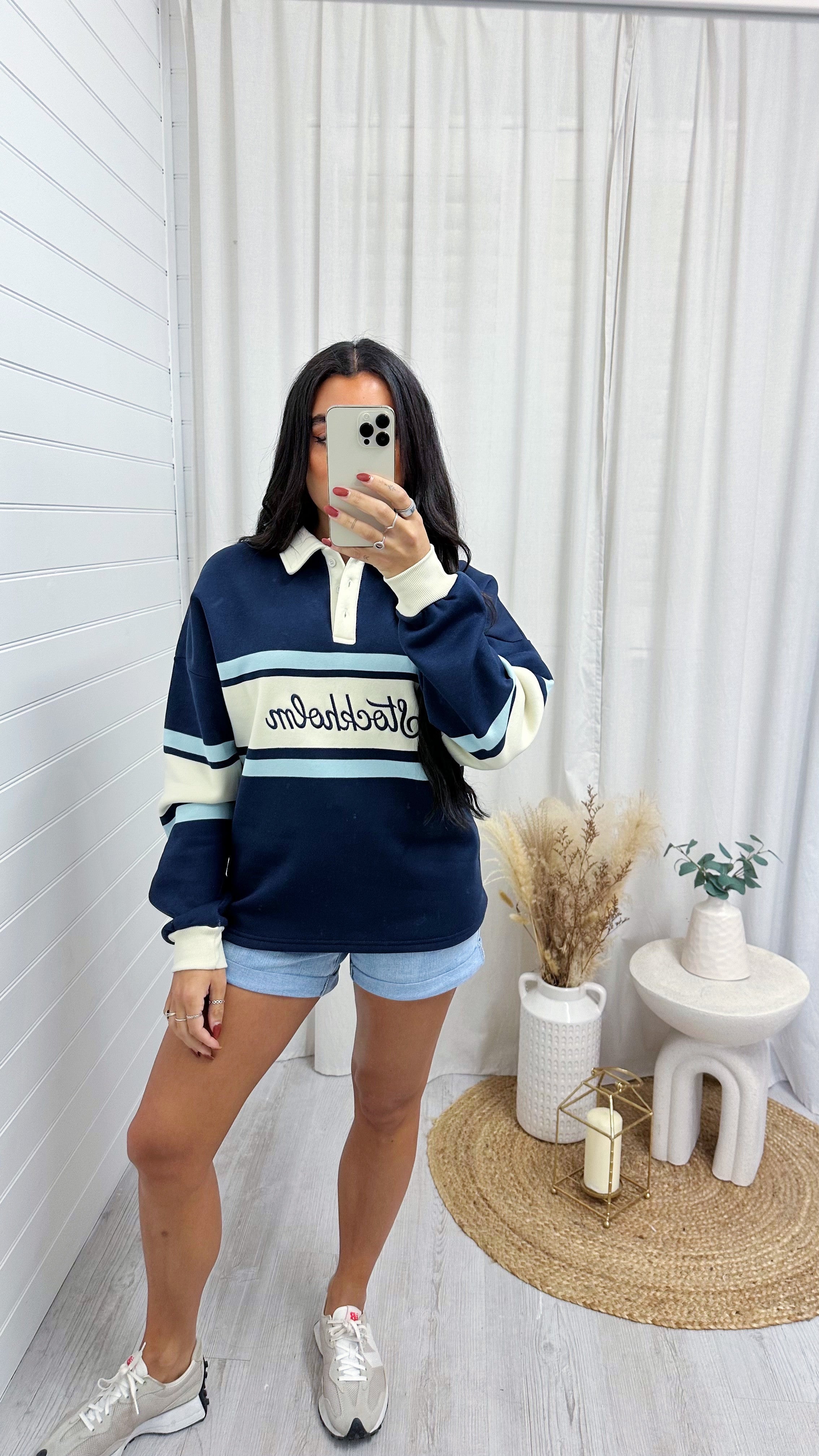 Stockholm Fleece Rugby Sweatshirt - NAVY/CREAM