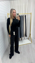 Check Wide Leg Trousers - BLACK