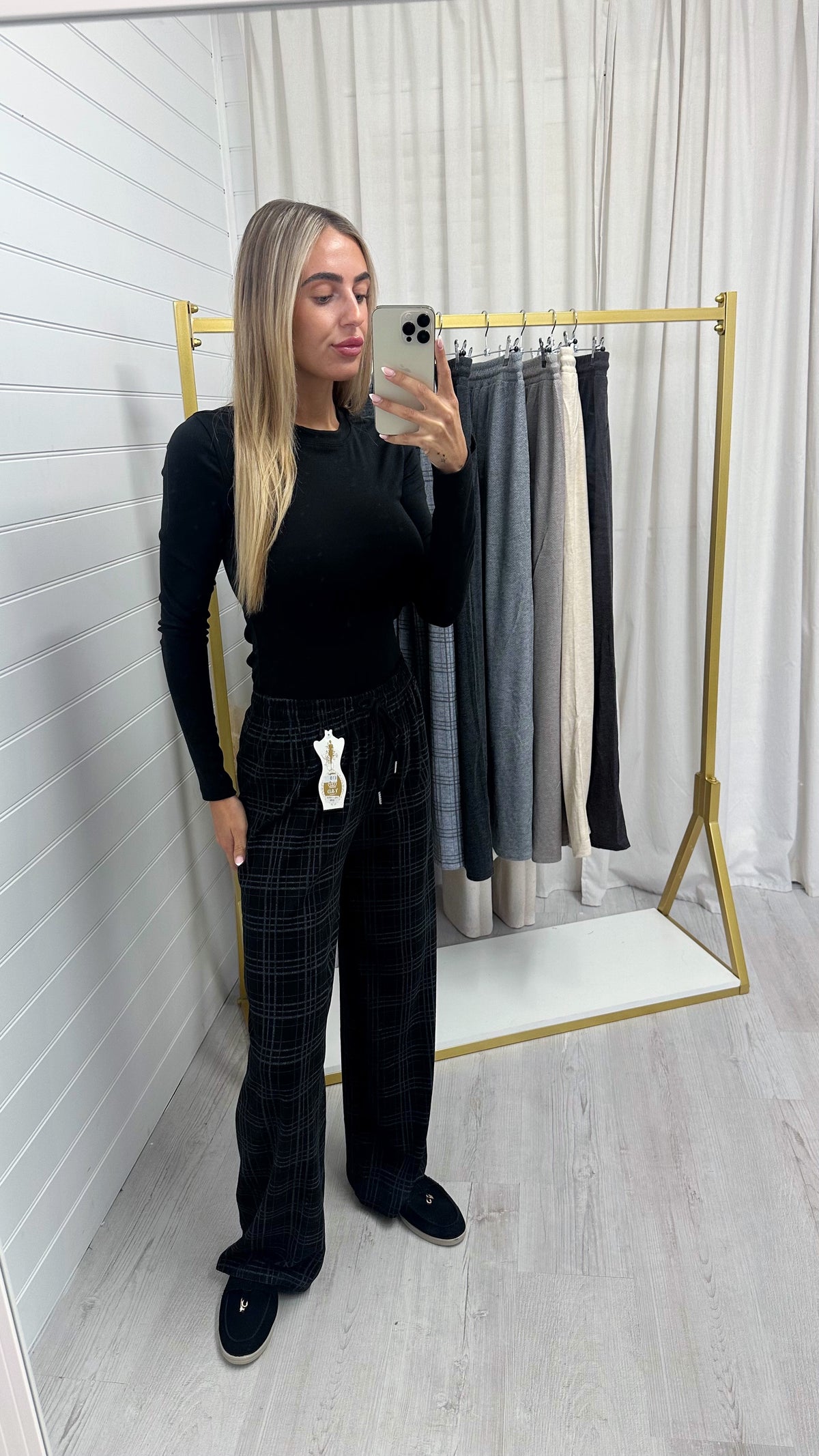 Check Wide Leg Trousers - BLACK