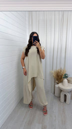 Draped Asymmetric Top and Cuff Trousers Co-Ord - BEIGE
