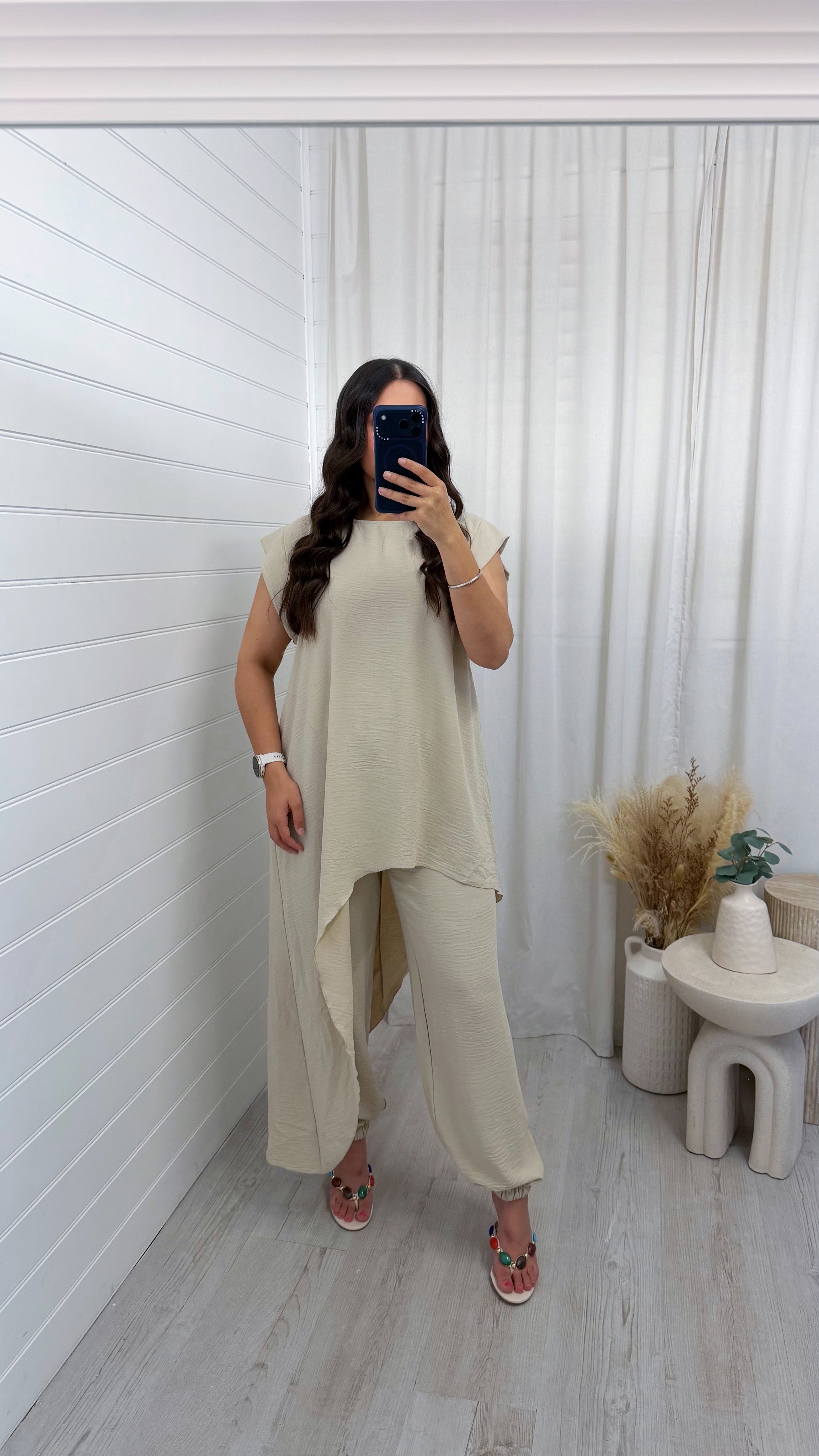 Draped Asymmetric Top and Cuff Trousers Co-Ord - BEIGE