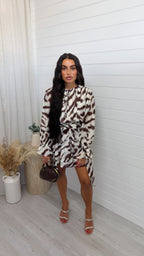 Abstract Print Tie Waist Dress - BROWN