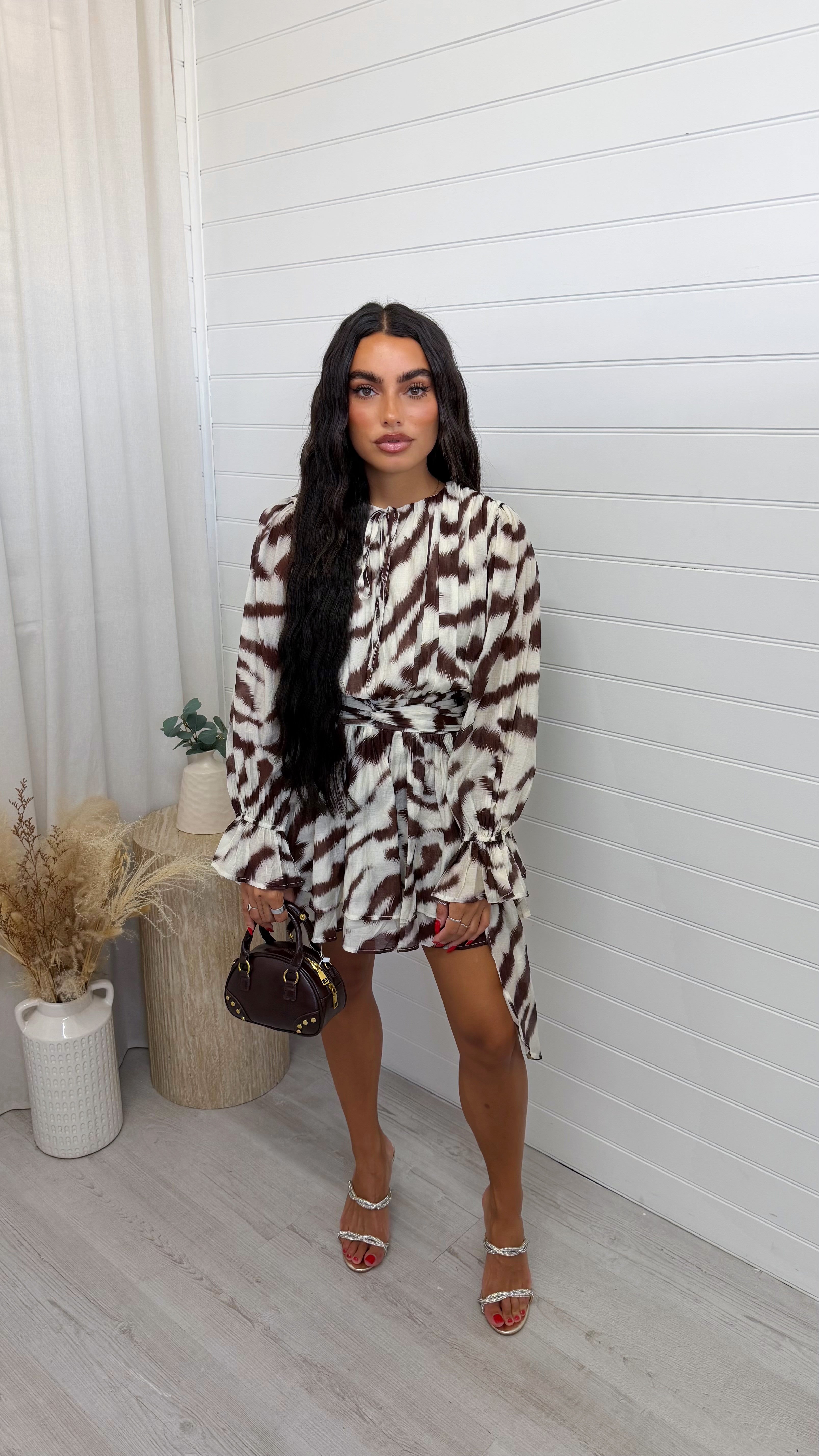 Abstract Print Tie Waist Dress - BROWN
