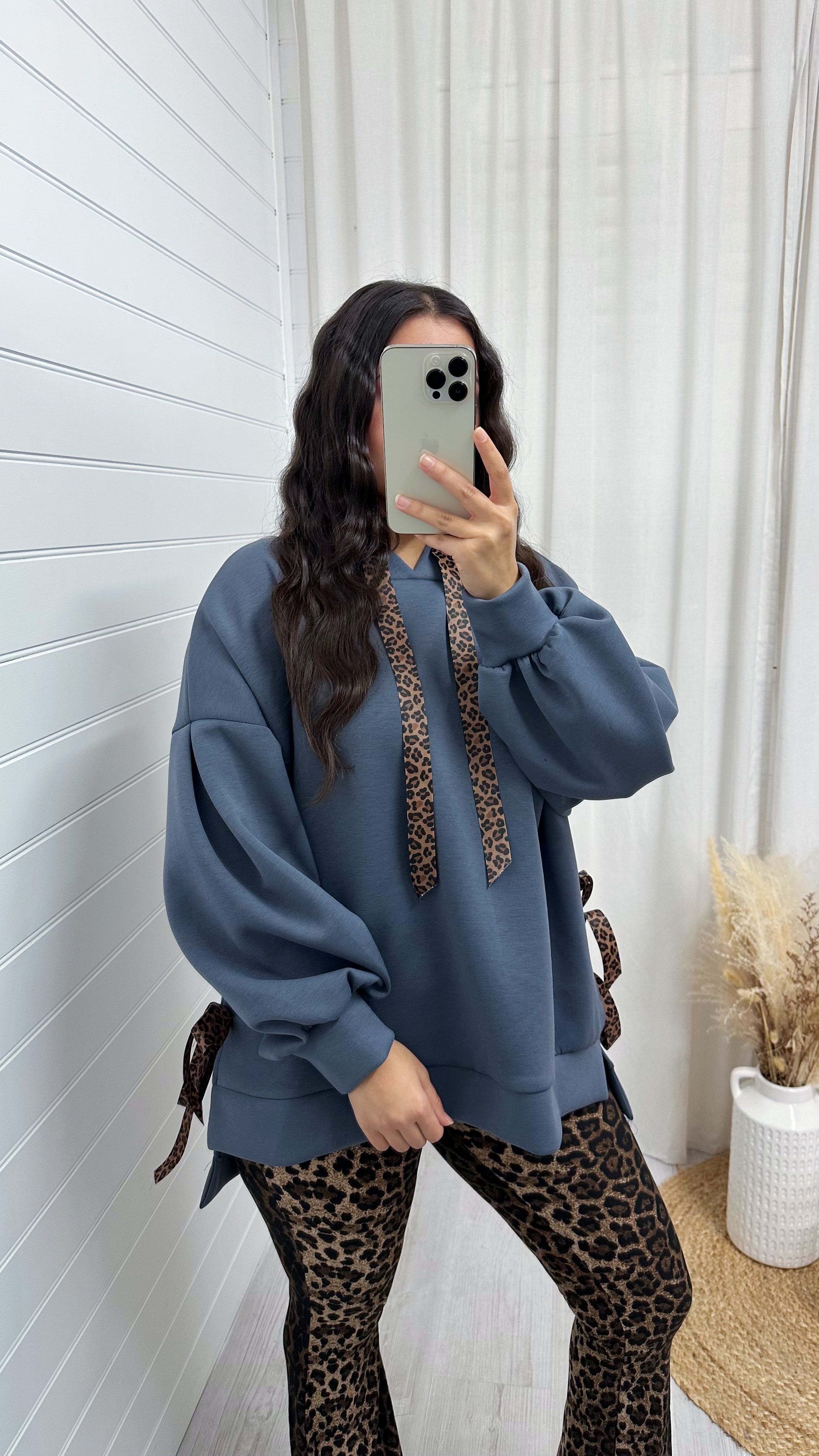 Leopard Print Ribbon Side Slit Hoodie - CHARCOAL