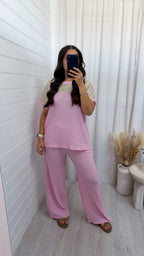 Metallic Mesh T-Shirt and Trouser Co-Ord - BABY PINK
