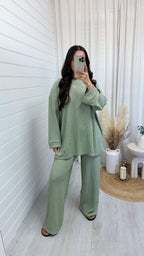 Loose Fit Cheesecloth Long Sleeve Top and Trousers Co-Ord - MINT