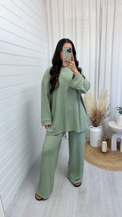 Loose Fit Cheesecloth Long Sleeve Top and Trousers Co-Ord - MINT