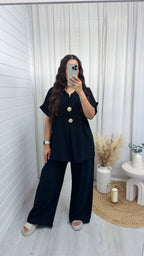 Gold Button V Neck Top and Wide Leg Trousers Co-Ord - BLACK