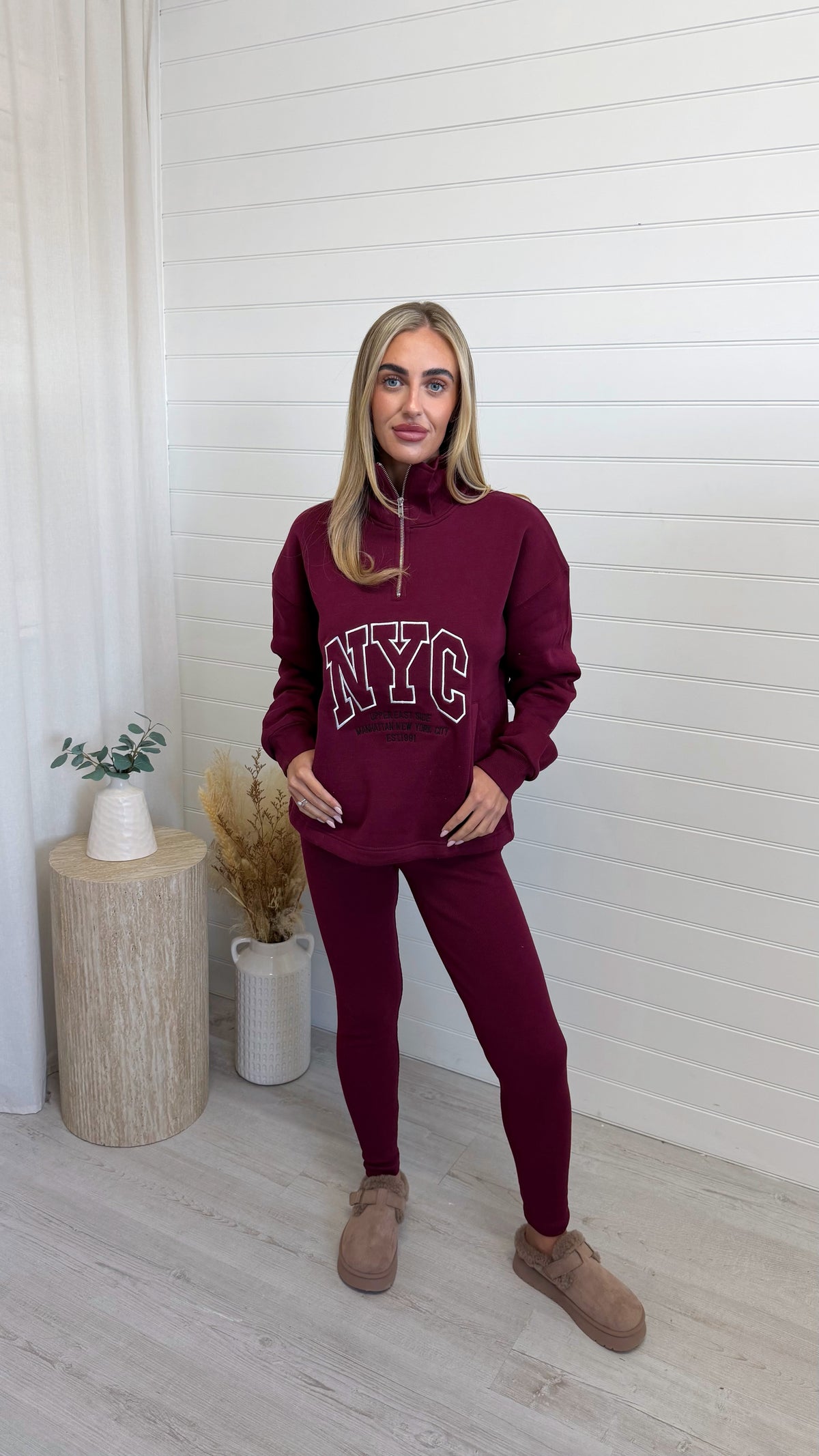 NYC Sweatshirt and Ribbed Leggings Co-Ord - BURGUNDY