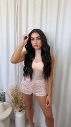 3 Piece Sequin Mesh Bodysuit, Bralette and Shorts Co-Ord - PEACH