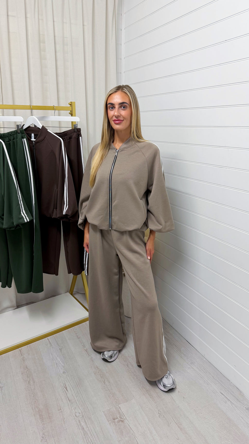 Classic Stripe Jacket and Wide Leg Joggers Tracksuit - MOCHA