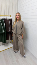 Classic Stripe Jacket and Wide Leg Joggers Tracksuit - MOCHA