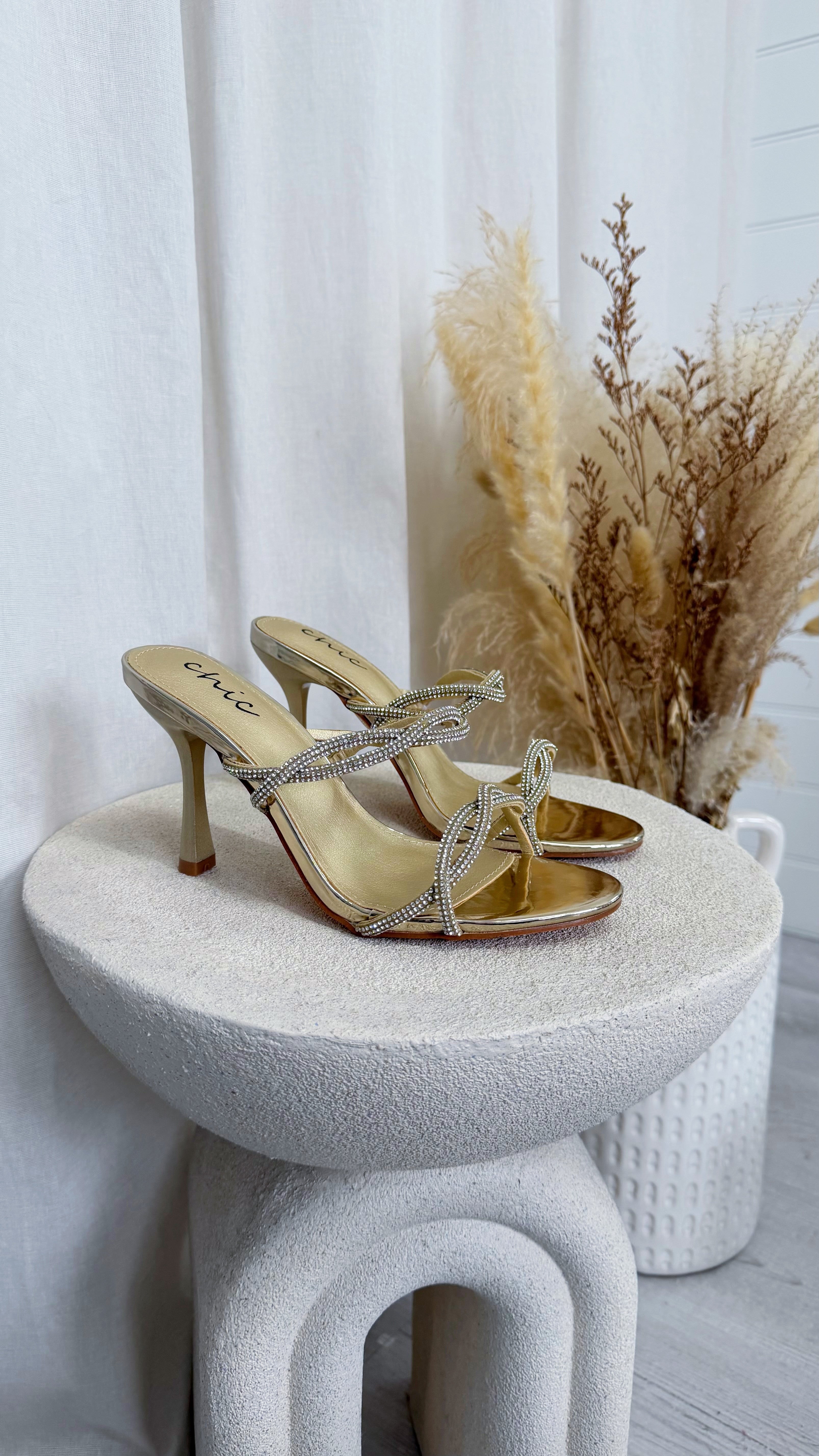 Diamante Criss Cross Slip On Heels - GOLD