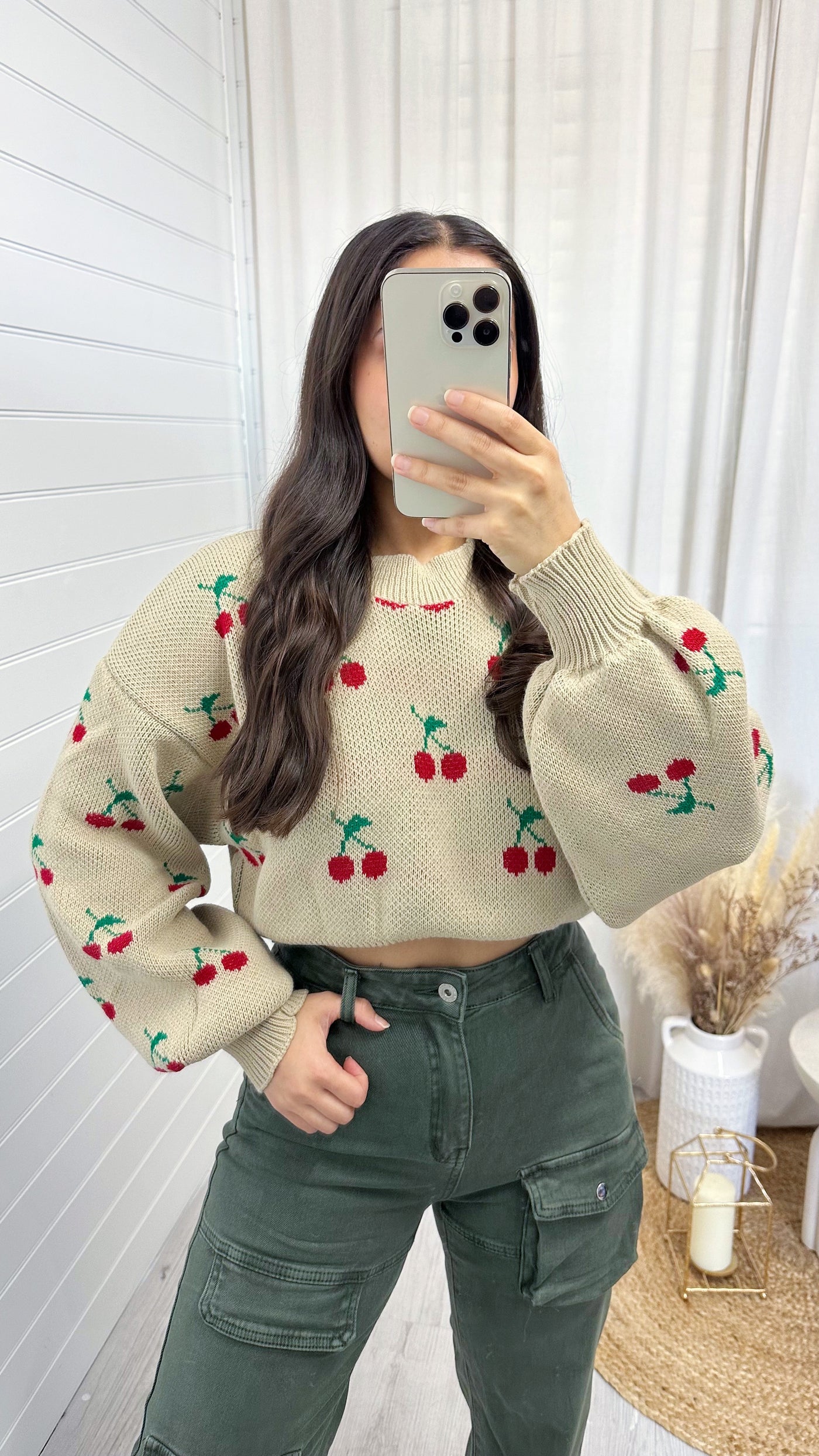 Cropped Knit Cherries Jumper - BEIGE