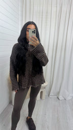 Stripe Zip Woollen Jacket  - BROWN