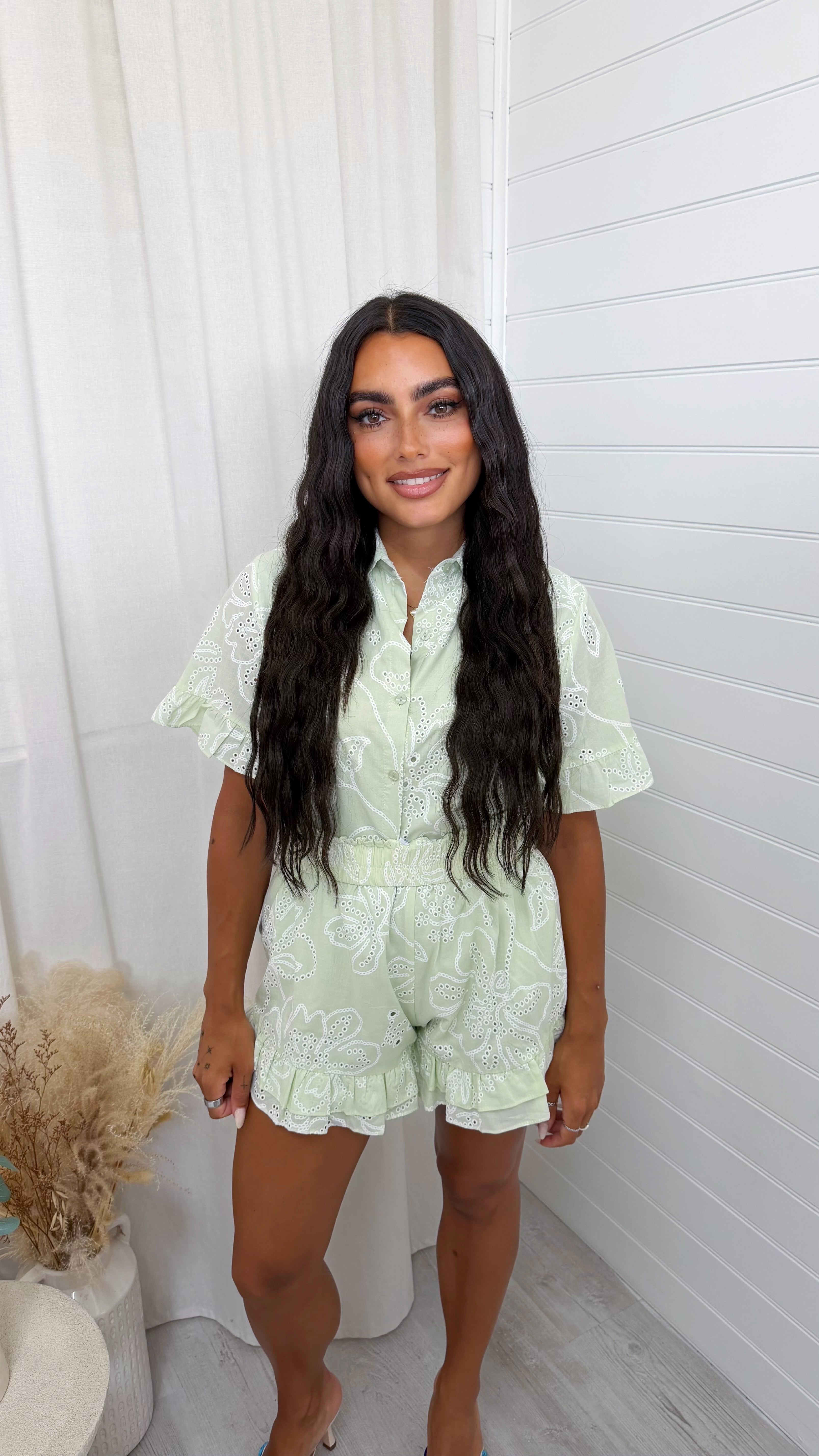 Embroidery Anglaise Shirt and Frill Skort Co-Ord - GREEN