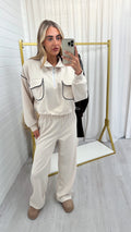 Contrast Piped Quarter Zip Sweatshirt and Joggers Co-Ord - CREAM