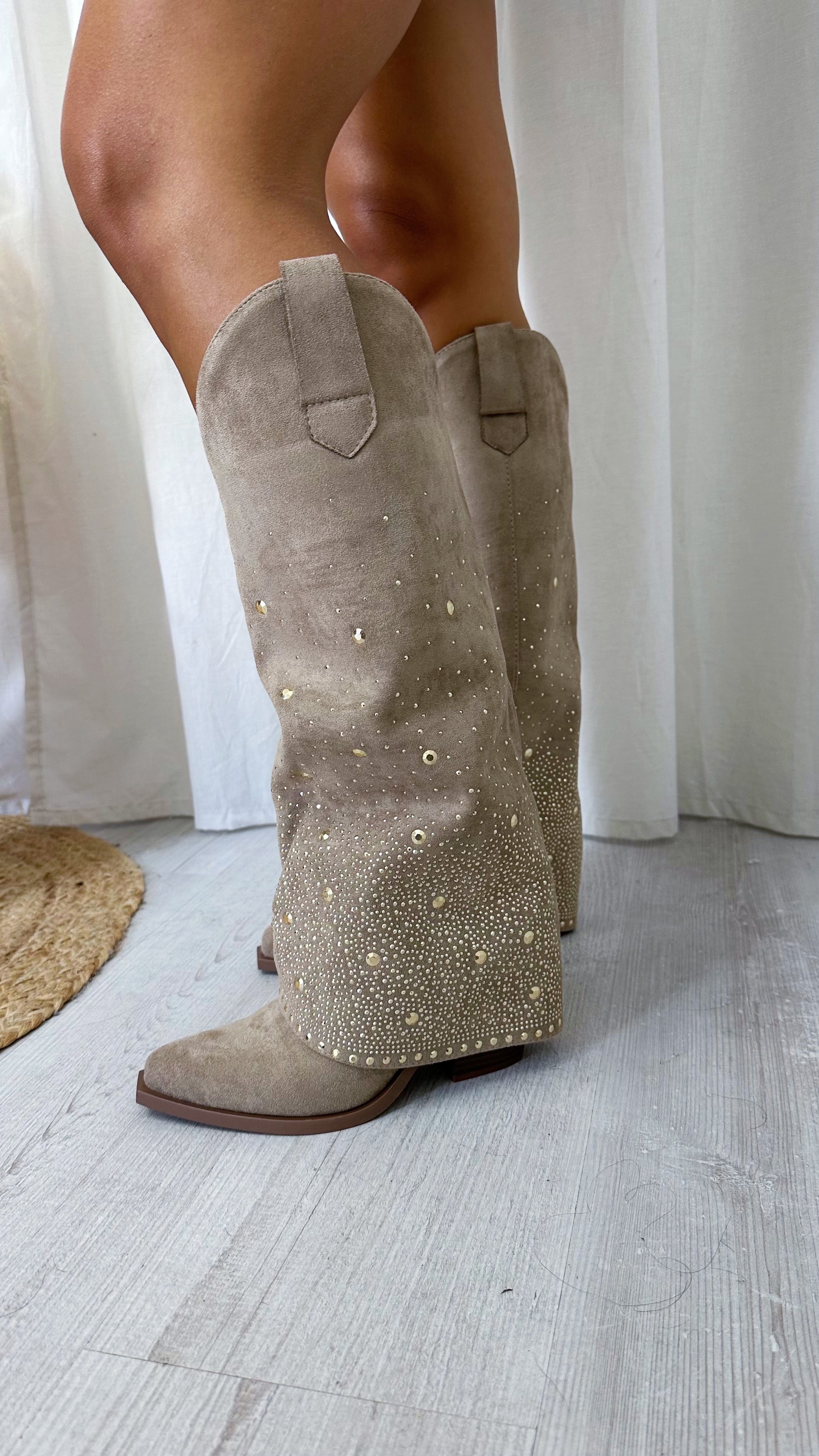 Gold Stud Knee High Fold Over Cowboy Boots - MOCHA