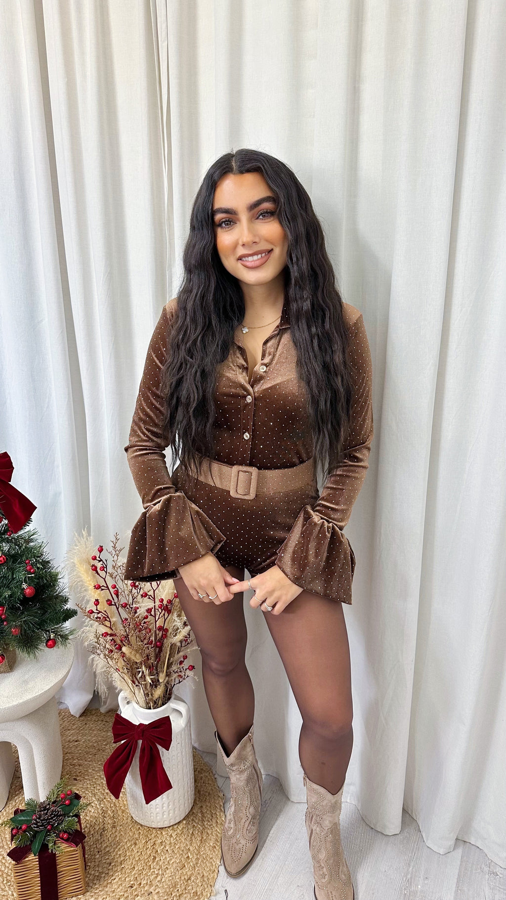 Velvet Rhinestone Belted Playsuit - TOFFEE