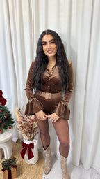 Velvet Rhinestone Belted Playsuit - TOFFEE