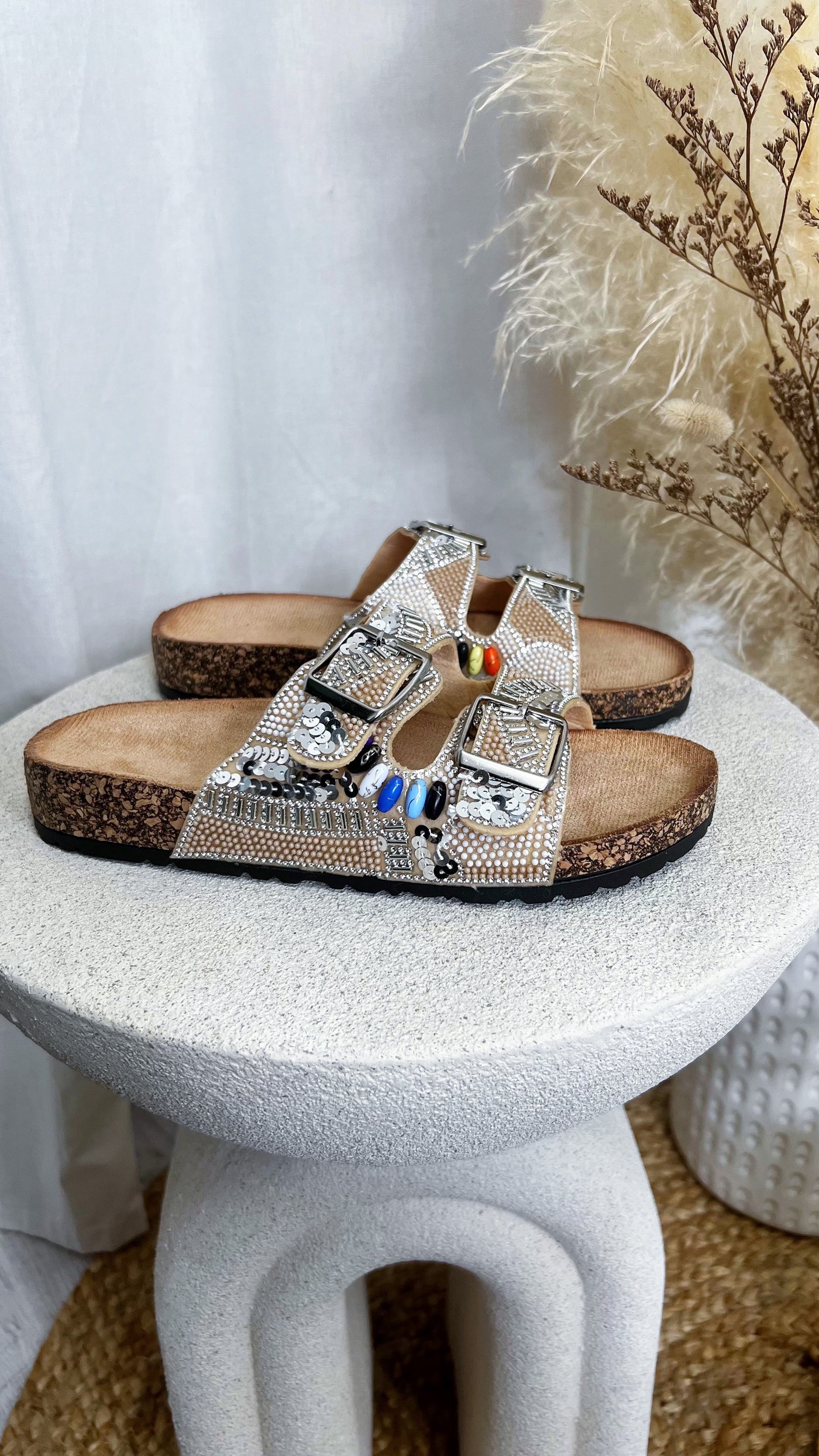 Boho Beaded Silver Buckle Sliders - BEIGE