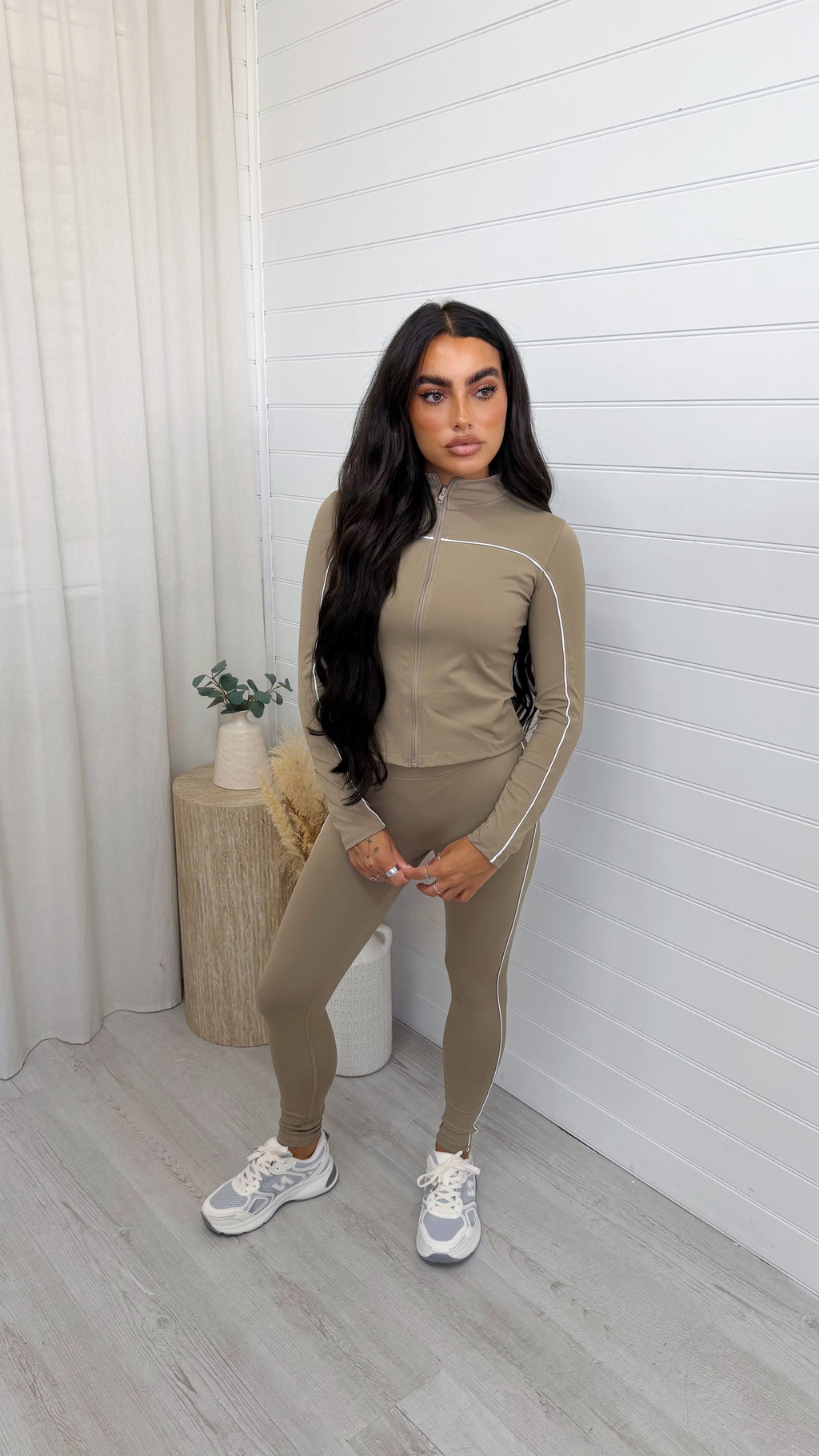Piped Jacket and Leggings Activewear Set - BEIGE