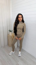 Piped Jacket and Leggings Activewear Set - BEIGE