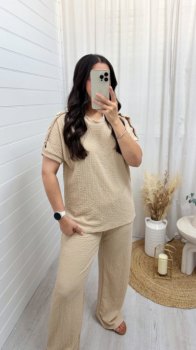 Cheesecloth Gold Button T-Shirt and Trousers Co-Ord - BEIGE