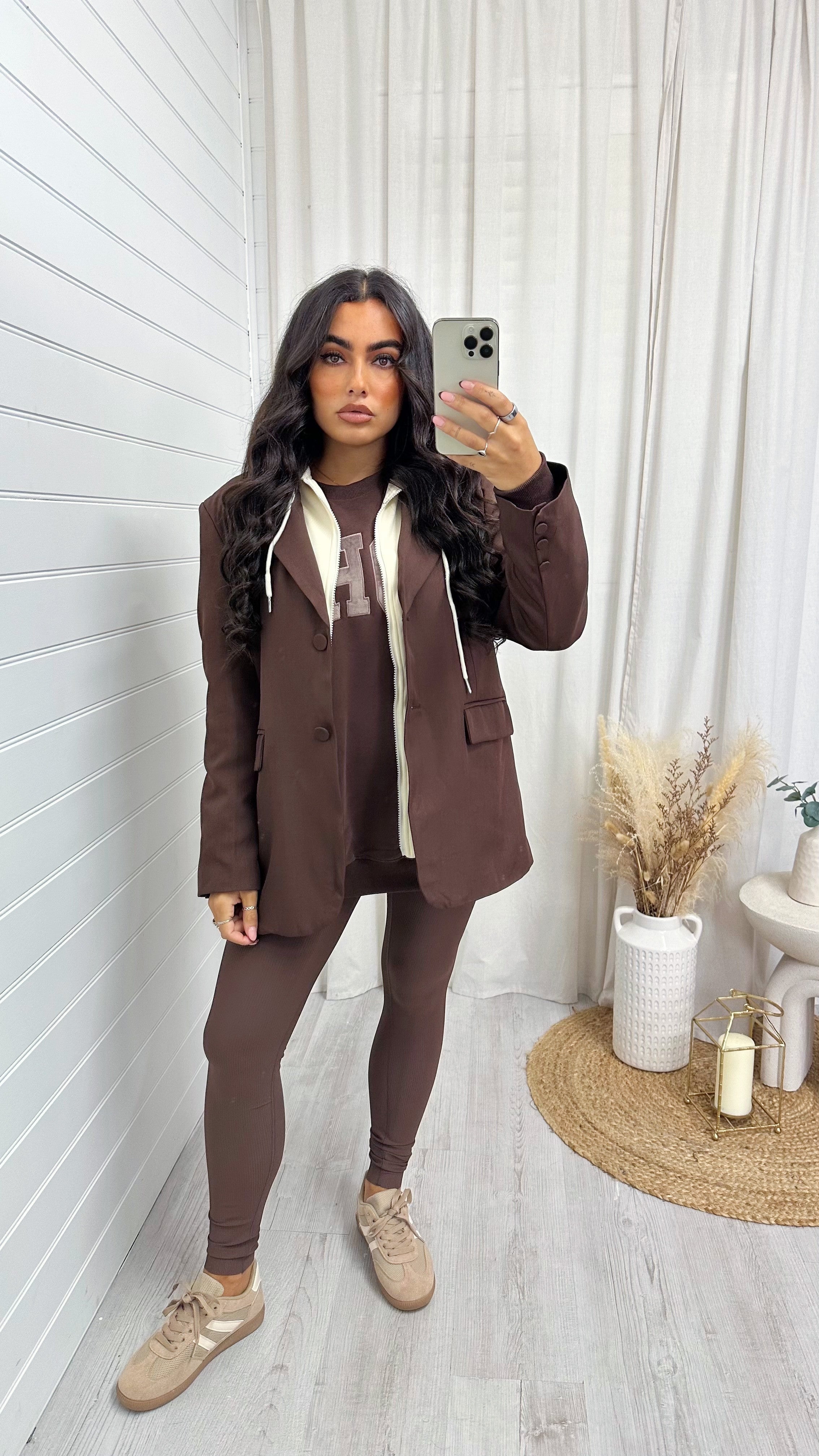 Tailored Insert Hooded Blazer - BROWN/CREAM