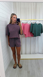 Stripey Cotton Crop Top and Shorts Co-Ord - BURGUNDY