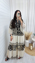 Lace Panel Damask Print Maxi Dress - BLACK