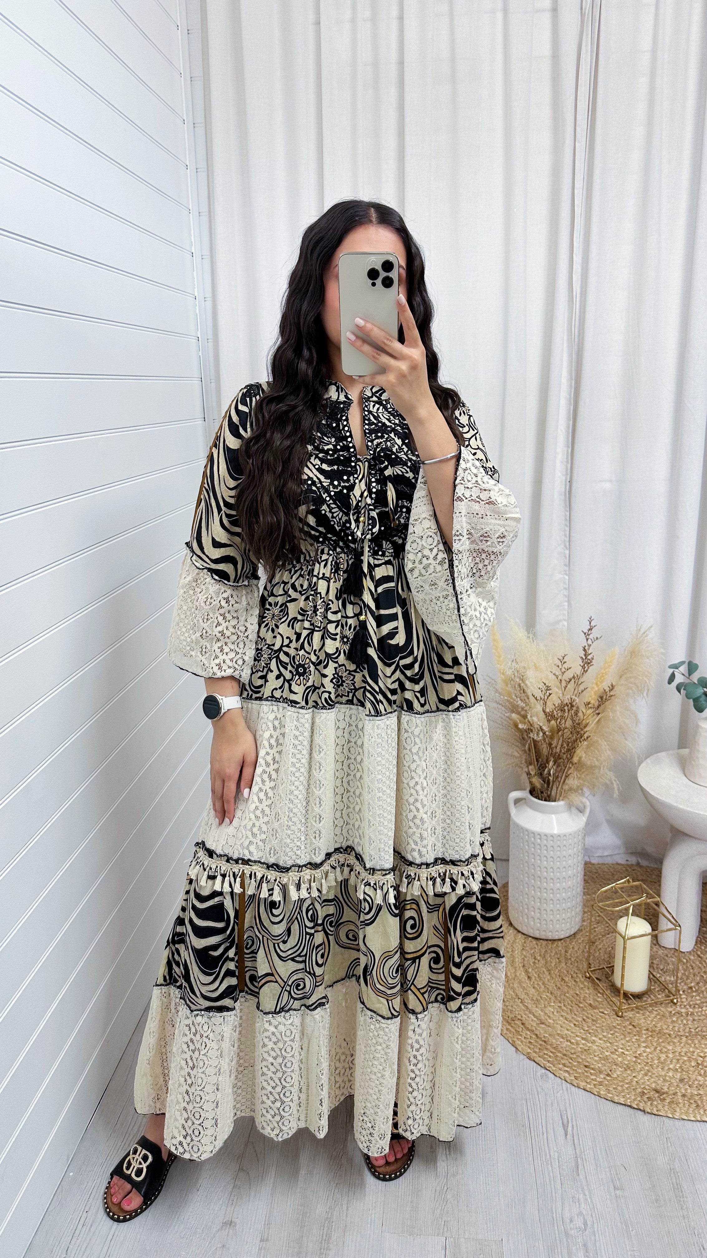 Lace Panel Damask Print Maxi Dress - BLACK