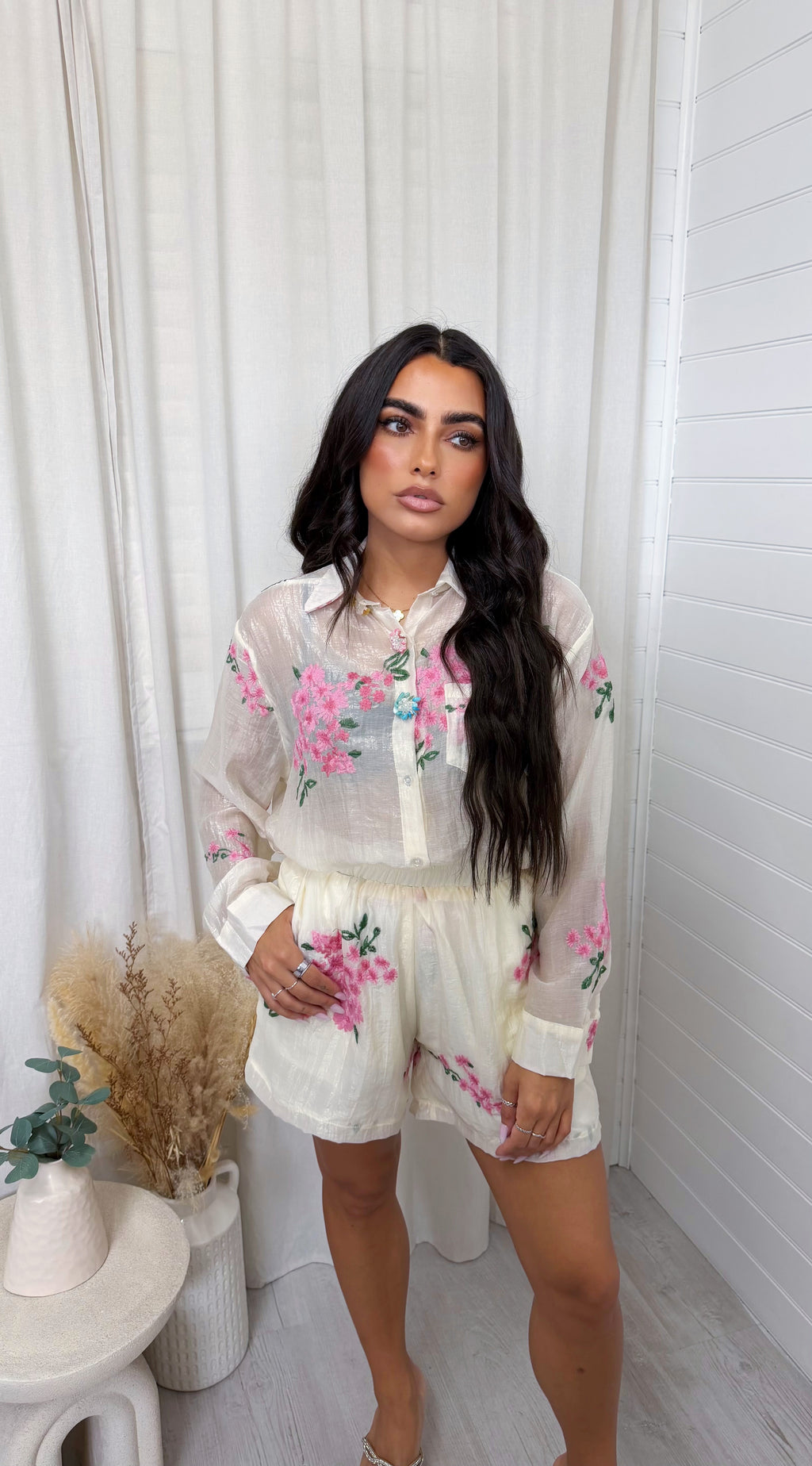 Sheer Floral Embroidered Shirt and Shorts Co-Ord - CREAM
