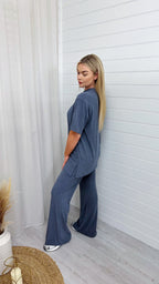 PLUS Soft Premium Ribbed T-Shirt and Straight Leg Trousers Co-Ord - DENIM BLUE