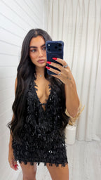 Cowl Neck Sequin Top and Skirt Set - BLACK