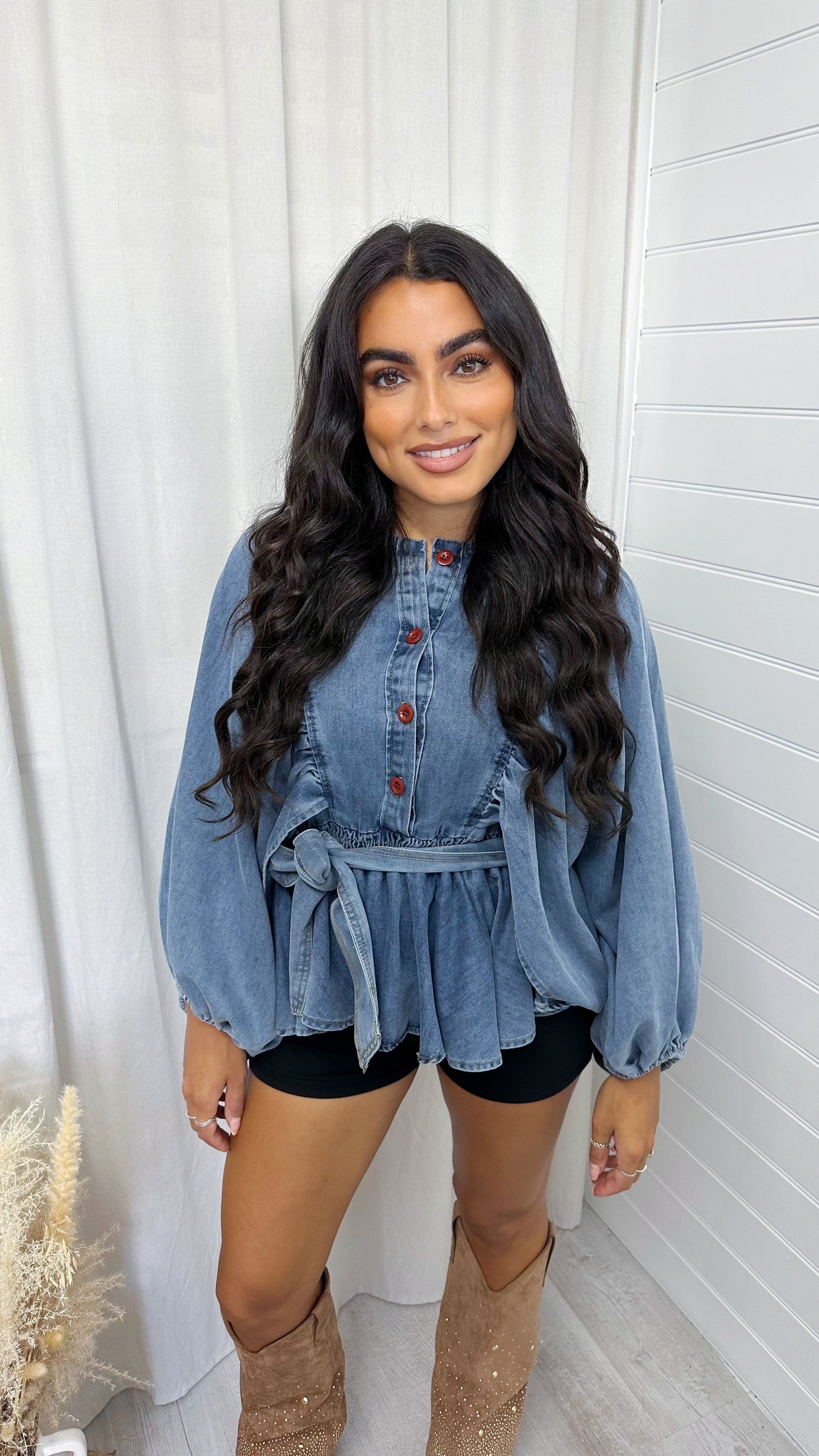 Balloon Sleeve Peplum Denim Shirt - DARK DENIM