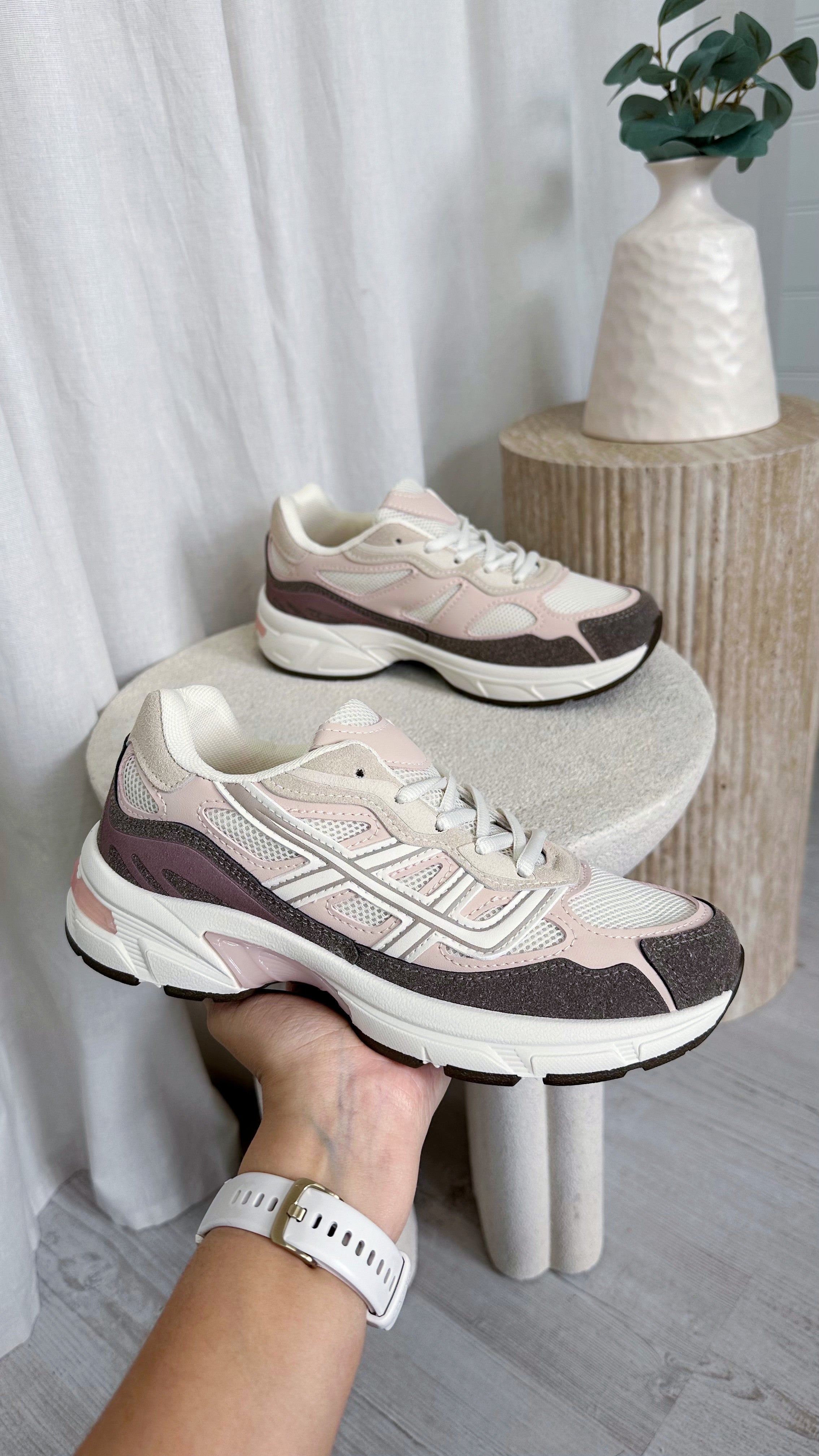 Suede Mesh Insert Trainers - BEIGE/PINK